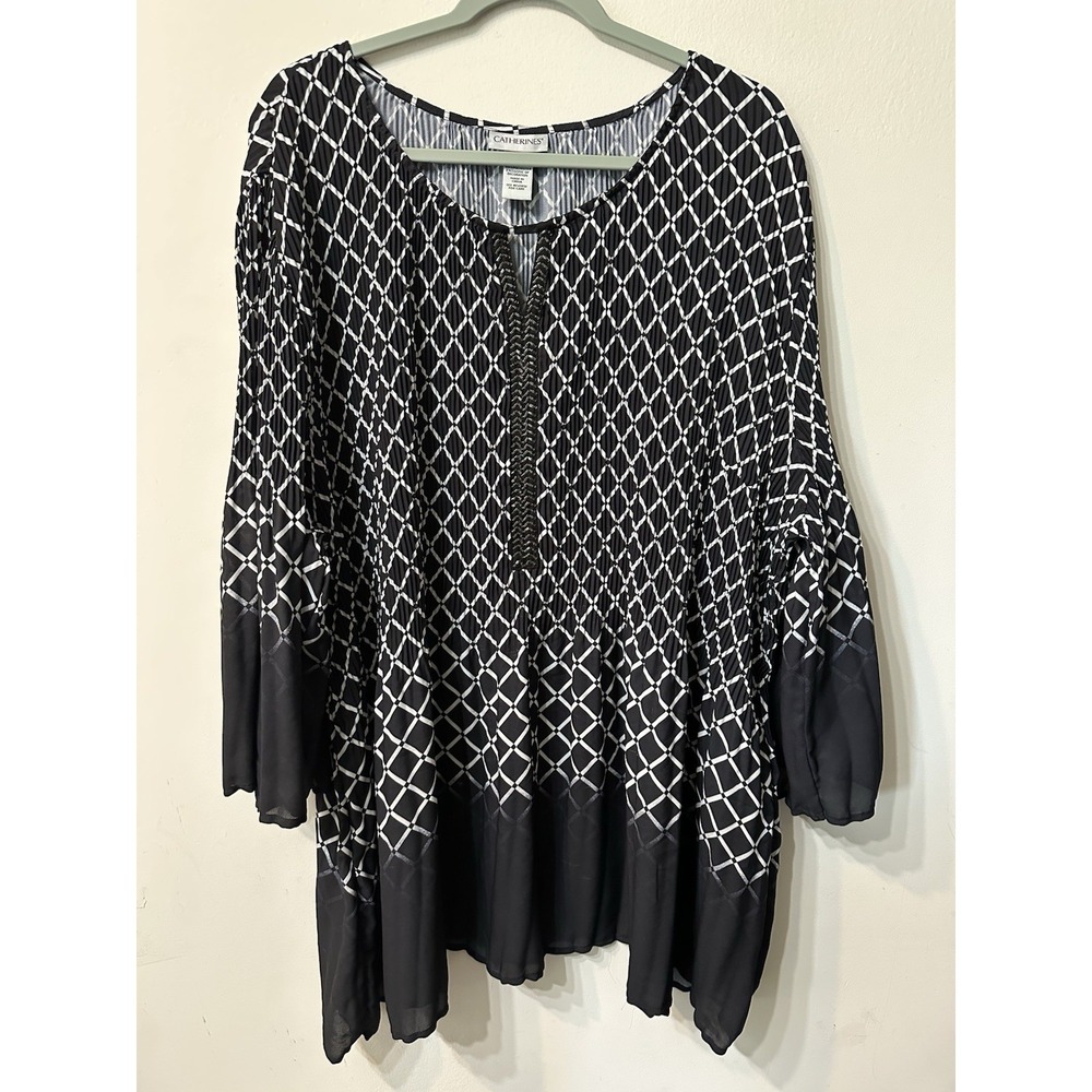 Catherines 5X Top Blouse Accordion Pleat Geometric Beaded V-Neck Bell Sleeve⁠